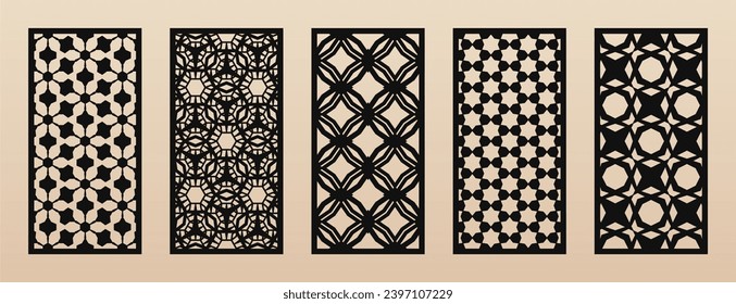 Laser cut, CNC cutting patterns collection. Vector set with abstract geometric ornament, lines, diamonds, grid, lattice. Arabesque style. Cutting stencil for wood panel, metal, paper. Aspect ratio 1:2