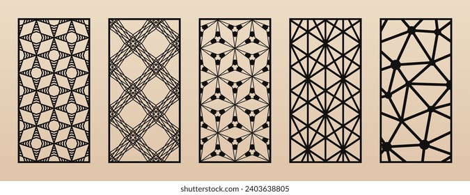 Laser cut, CNC cutting patterns vector set. Abstract geometric ornaments with thin lines, grid, lattice. Modern arabesque style. Cutting stencil for wood panel, metal, plastic, paper. Aspect ratio 1:2