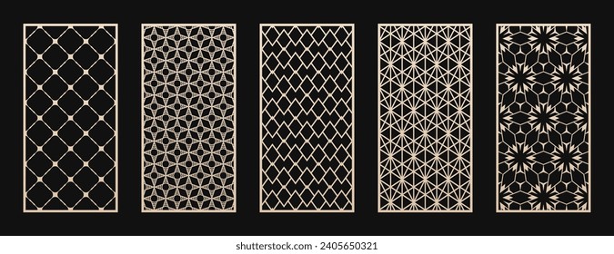 Laser cut, CNC cutting patterns set. Abstract vector geometric ornaments with thin lines, grid, lattice. Modern arabesque style. Cutting stencil for wood panel, metal, plastic, paper. Aspect ratio 1:2