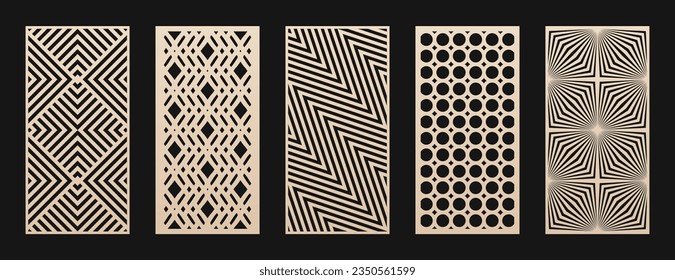 Laser cut, CNC cutting set. Vector collection of abstract geometric patterns with lines, stripes, grid, chevron. Decorative stencil for laser cutting of wood panel, metal, plastic. Aspect ratio 1:2