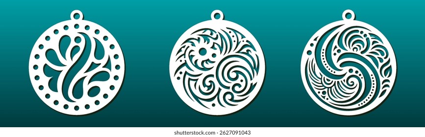 Laser cut coaster mandala pendants, set of CNC cutting or engraving templates. Abstract wavy swirl geometrical pattern, asian style circular ornament. Isolated vector, diy craft stencils