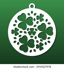 Laser cut coaster, wall art panel for cnc cutting. Floral pattern with clovers and traditional  Ireland shamrock. Home design, decorative element. Vector illustration