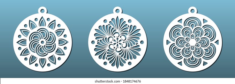 Laser cut coasters, Christmas balls. CNC cutting  decorative elements . Paper art , wall decor, metal or wood carving, fretwork, leather or resin. Mandalageometric pattern. Vector set of stencils.