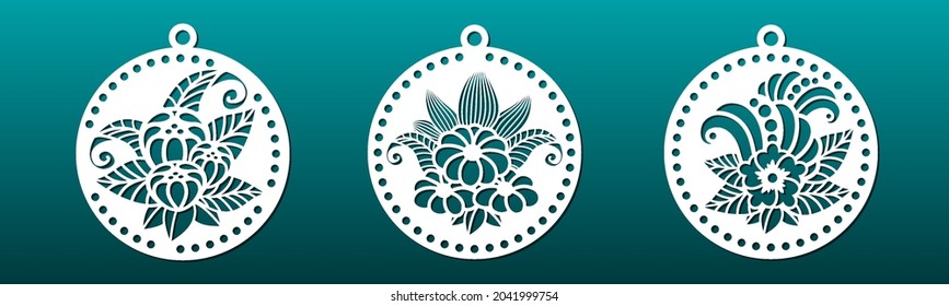 Laser cut coasters or decorative pendants with floral art deco design. Stencil for cnc cutting. Wall art panel, medallion or keyring breloque, home decor element. Vector illustration