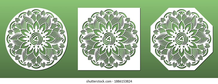 Astras de corte láser ornamentadas con un patrón de flores de mandala. Conjunto de plantillas de corte CNC para decoración casera, arte mural, arte de papel, artesanía. Baldosas o paneles decorativos. Ilustración del vector