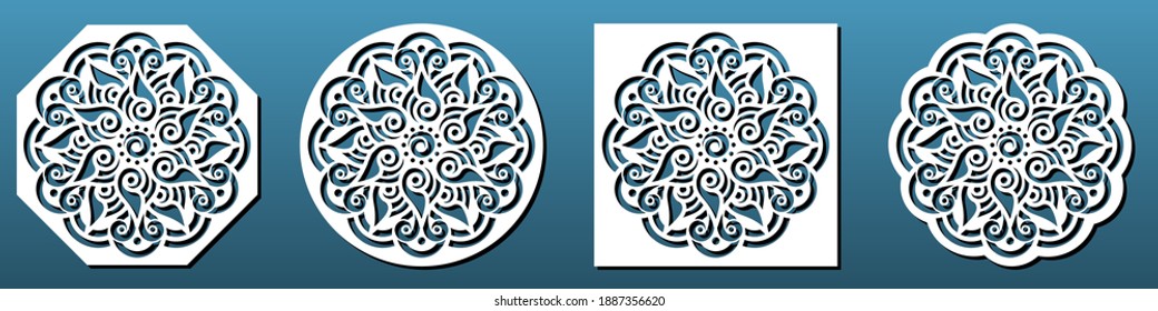 Laser cut coasters, set of stencils for cnc cutting. Mandala  geometric ornament with Chinese elements. For diy craft, paper art, home decor. Vector illustration