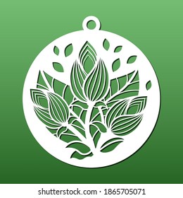 Laser cut decorative coaster, pendant or ball. Paper art, cnc cutting stencil, diy craft with wood, resin, metal, fretwork, home decor. Floral pattern with leaves and flowers. Vector illustration