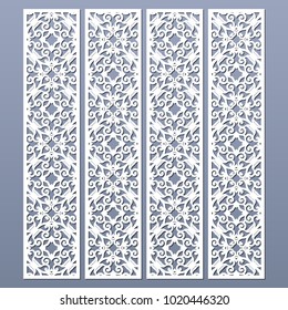 Laser cut decorative lace borders patterns. Set of bookmarks templates. Cabinet fretwork panel. Lasercut metal panel. Wood carving. Vector.