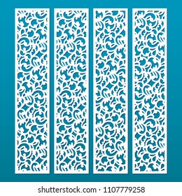 Laser cut decorative lace borders patterns. Set of bookmarks templates. Cabinet fretwork panel. Lasercut metal panel. Wood carving. Vector.