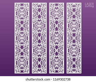 Laser cut decorative lace borders patterns. Set of bookmarks templates. Cabinet fretwork panel. Lasercut metal panel. Wood carving. Vector.