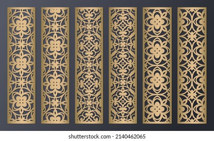 Laser cut decorative lace borders patterns. Set of bookmarks templates. Cabinet fretwork panel. Lasercut metal panel. Wood carving. Vector.