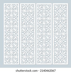 Laser cut decorative lace borders patterns. Set of bookmarks templates. Cabinet fretwork panel. Lasercut metal panel. Wood carving. Vector.
