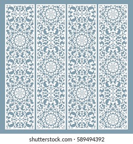  Laser cut decorative lace borders patterns. Set of bookmarks templates. Cabinet fretwork panel. Lasercut metal panel. Wood carving. Vector.