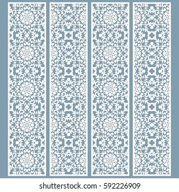 Laser cut decorative lace borders patterns. Set of bookmarks templates. Cabinet fretwork panel. Lasercut metal panel. Wood carving. Vector.