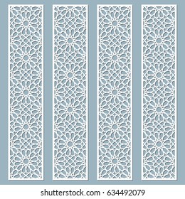 Laser cut decorative lace borders with arabic pattern. Set of bookmarks templates. Cabinet fretwork panel. Lasercut metal panel. Wood carving. Vector.