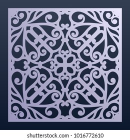 Laser cut decorative panel with lace pattern, square ornamental template for die cutting or wood carving, cutout paper design element for wedding invitation card.