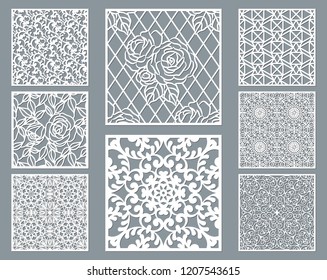 Laser cut decorative panel set with lace pattern, square ornamental templates collection for die cutting or wood carving, element for wedding invitation card. Cabinet screen.