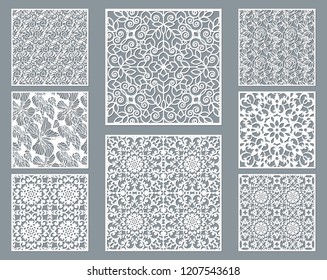 Laser cut decorative panel set with lace pattern, square ornamental templates collection for die cutting or wood carving, element for wedding invitation card. Cabinet screen.