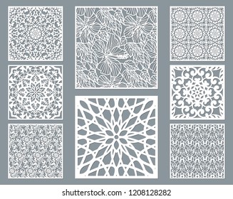 Laser cut decorative panel set with lace pattern, square ornamental templates collection for die cutting or wood carving, element for wedding invitation card. Cabinet screen.