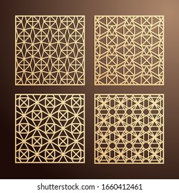 Laser cut decorative panel set. Square interior screen design with geometric pattern. Cutting invitation cover template.