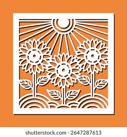 Laser cut decorative panel with sunflowers and sun. Vector floral design for home interior decor, wall art, partition, room divider, fence, papercut art. Template for cnc, plasma and plotter cutting