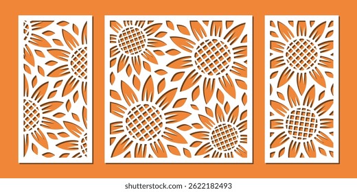 Laser cut decorative panels with sunflower pattern. Vector floral design for home interior decor, partition, privacy screen, wall art, room dividers. Template for cnc, plasma and plotter cutting