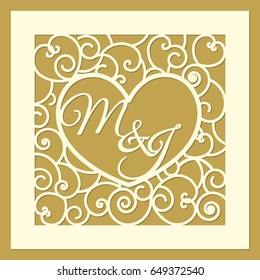 Laser cut decorative square panel with curled pattern, heart silhouette and lettering M&J. Elegant vector abstract design for wedding favor box, greeting cards, stencil, gift box, paper, wood cutting