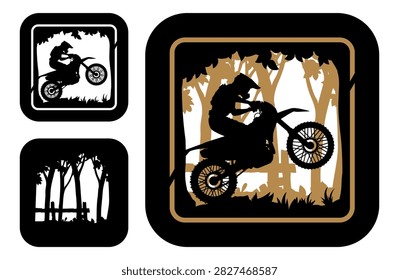Laser cut design for motocross dirt bike in the forest, multi layer papercut vector template