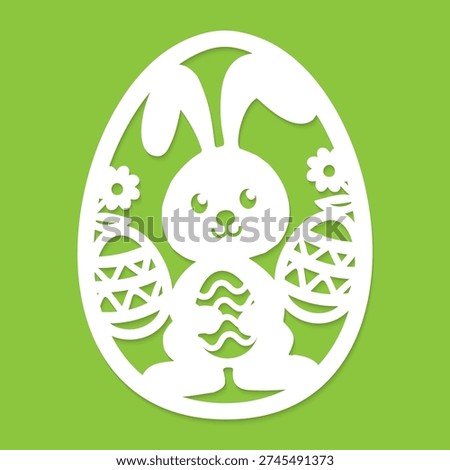 Laser cut easter egg template with cute bunny and flowers for paper carving or home decoration