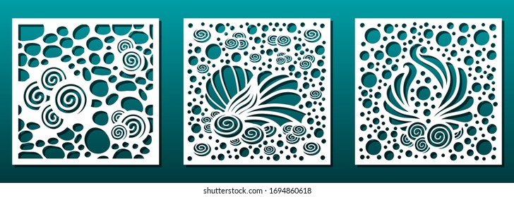 Laser cut emplates. Square panels with nautical pattern and seashells. For cnc cuttung or carving stencil, fretwork, paper art, wall art decor and interior design. Vector illustration