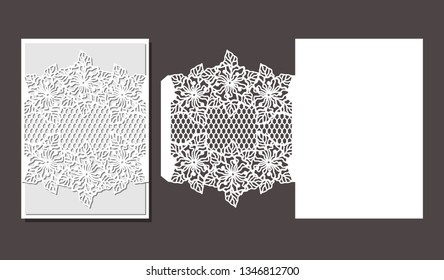 Laser cut envelope template for invitation wedding card. Paper greeting card with lace border. Cut out template for cutting. Suitable for laser cutting. 