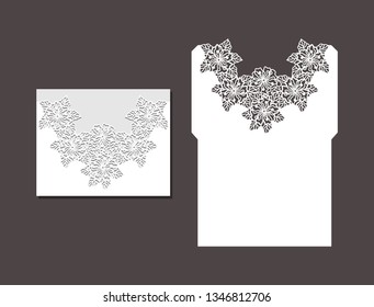 Laser cut envelope template for invitation wedding card. Paper greeting card with lace border. Cut out template for cutting. Suitable for laser cutting. 