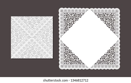 Laser cut envelope template for invitation wedding card. Paper greeting card with lace border. Cut out template for cutting. Suitable for laser cutting. 