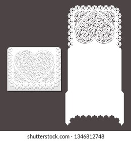 Laser cut envelope template for invitation wedding card. Paper greeting card with lace border. Cut out template for cutting. Suitable for laser cutting. 