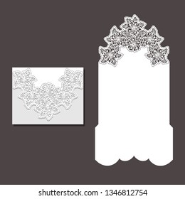 Laser cut envelope template for invitation wedding card. Paper greeting card with lace border. Cut out template for cutting. Suitable for laser cutting. 