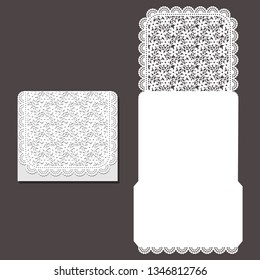 Laser cut envelope template for invitation wedding card. Paper greeting card with lace border. Cut out template for cutting. Suitable for laser cutting. 