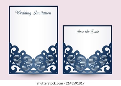 Laser cut envelope template with lace pocket. Wedding invitation or greeting card cover.