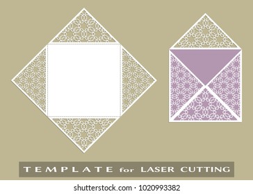 Laser cut envelope template, triangle ornate elements. Vector openwork filigree ornament for wedding invitation or greeting card. Decorative geometric line pattern.