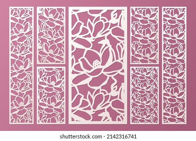 Laser cut floral panel templates set with pattern of magnolia flowers, vector.