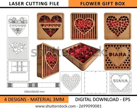Laser Cut Flower Gift Box. Create beautiful, decorative wooden gift boxes with this floral pattern laser cutting file – perfect for DIY gifts, crafts, and home decoration. Vector ready to cut CNC Co2