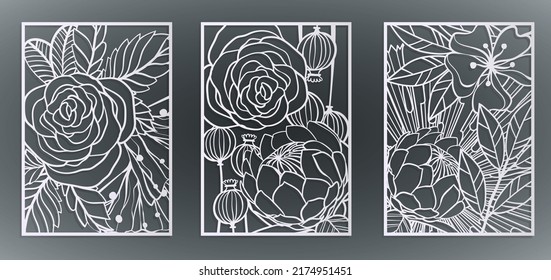 Laser Cut Flower Panel, Stencil Divider. Wall Art For Home Decor, Room Divider Screens, Paper Craft, Card Background. Vector Illustration