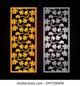 Laser cut flower panels, CNC Cutting Template, Vector laser cutting pattern design, Golden color pattern and black color background
