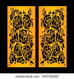 Paneles de flores de corte láser, plantilla de corte CNC, diseño de patrones de corte láser vectorial, patrón de color dorado y fondo de color negro