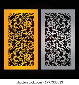 Paneles de flores de corte láser, plantilla de corte CNC, diseño de patrones de corte láser vectorial, patrón de color dorado y fondo de color negro