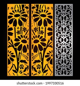 Laser cut flower panels, CNC Cutting Template, Vector laser cutting pattern design, Golden color pattern and black color background