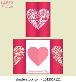 Laser cut fold card template with heart patterned of hibiscus flowers and leaves. Tropical patterned template for brochures, wedding invitations or Valentine's Day greeting card.