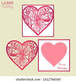 Laser cut fold card template with heart patterned of hibiscus flowers and leaves. Tropical patterned template for brochures, wedding invitations or Valentine's Day greeting card.