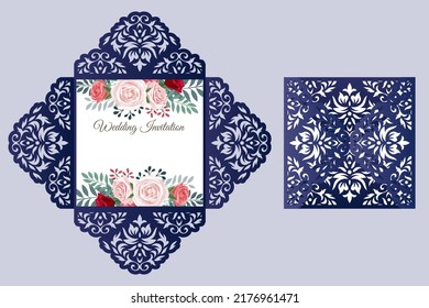 Tarjeta de corte láser de cuatro veces para invitación de boda con patrón de corte damascal, vector.