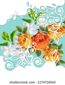Laser cut frame on roses and apocynaceae flower use for wedding invitation ,greeting or congratulation cards and wallpaper 