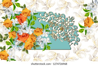 Laser cut frame on roses and apocynaceae flower use for wedding invitation ,greeting or congratulation cards and wallpaper 